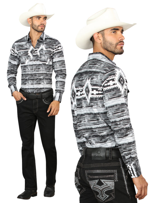 Centenario Mens Bootcut Cut Denim Jeans with Gray Embroidered Details - Black