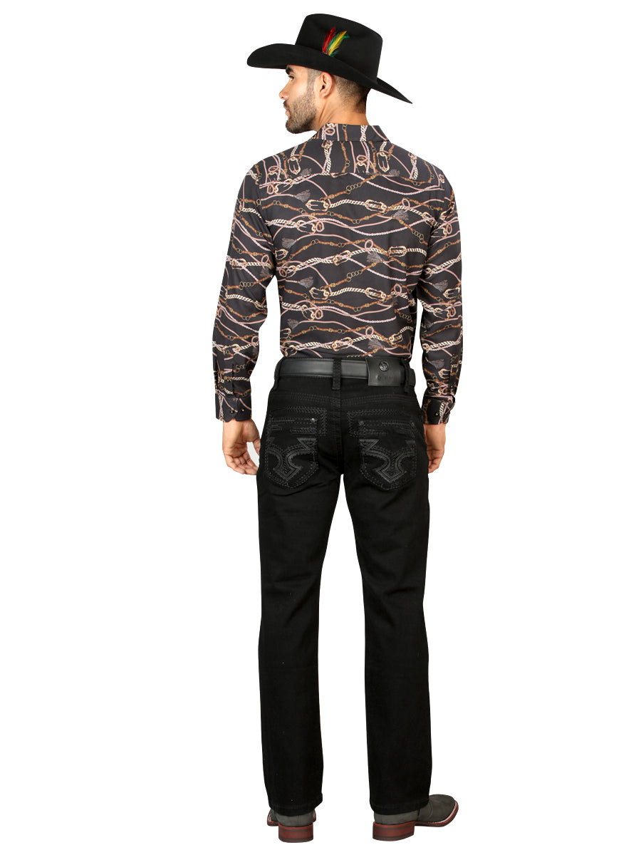 Centenario Mens Bootcut Denim Jeans with Dark Embroidered Details - Black