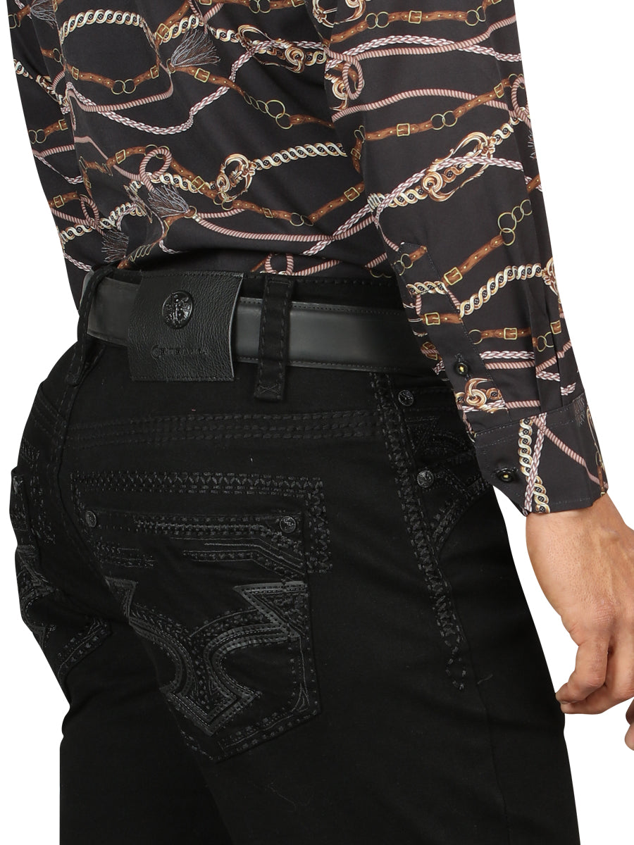 Centenario Mens Bootcut Denim Jeans with Dark Embroidered Details - Black
