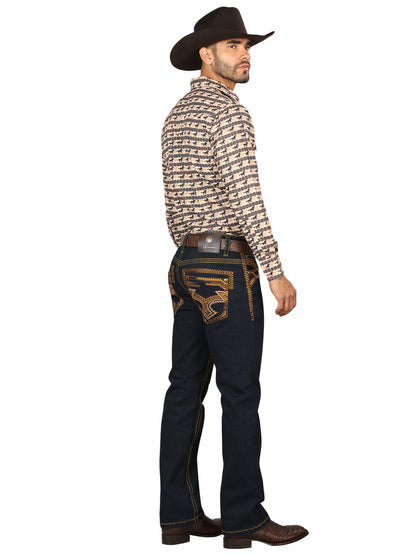 Centenario Mens Bootcut Denim Jeans with Gold Embroidered Details - Rinse Blue
