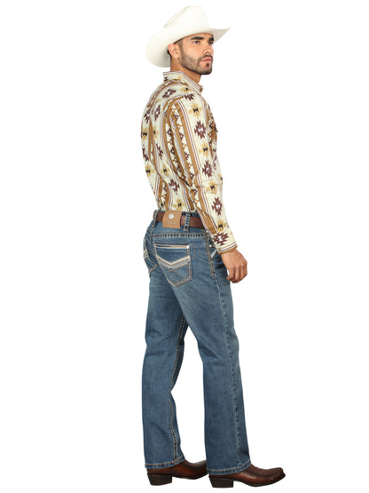 Centenario Mens Bootcut Denim Jeans with Embroidered Details- Blue