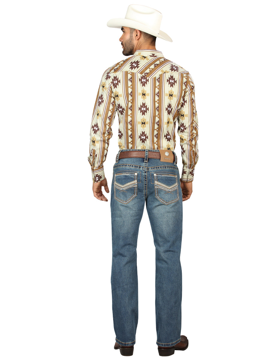Centenario Mens Bootcut Denim Jeans with Embroidered Details- Blue