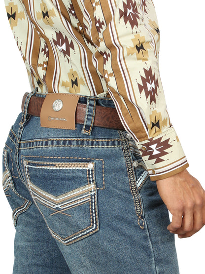 Centenario Mens Bootcut Denim Jeans with Embroidered Details- Blue