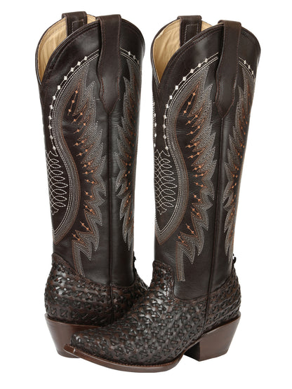 El General Women’s Embroidered and Woven/Tejido Western Boots - Choco 45782