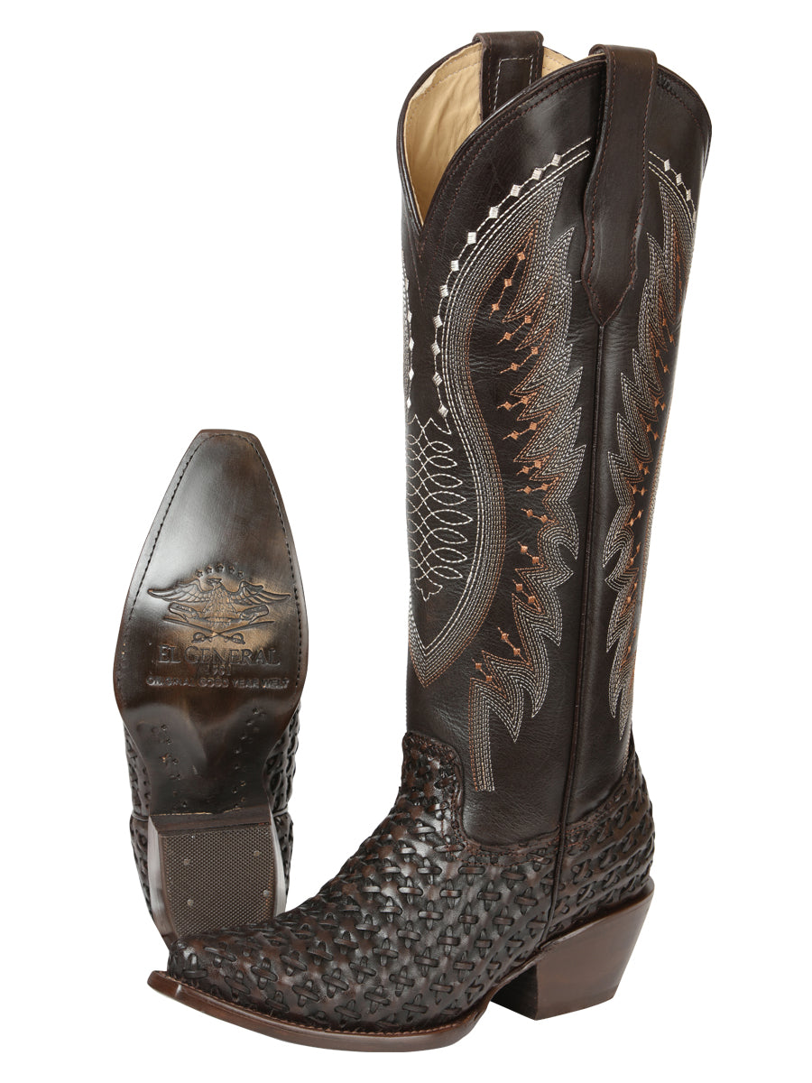 El General Women’s Embroidered and Woven/Tejido Western Boots - Choco 45782