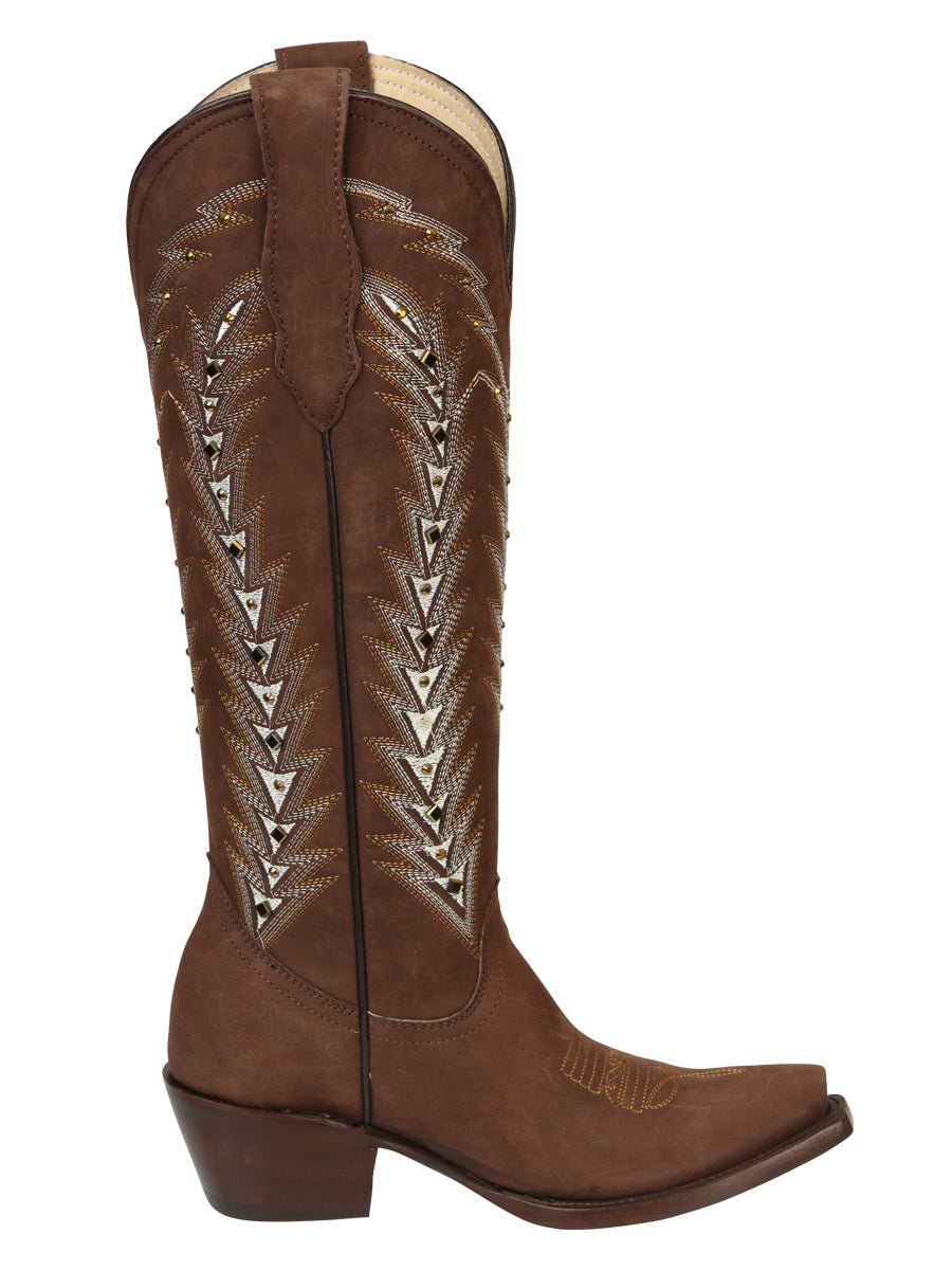 El General Women’s Embroidered Nobuck Western Boots - Brown 45788