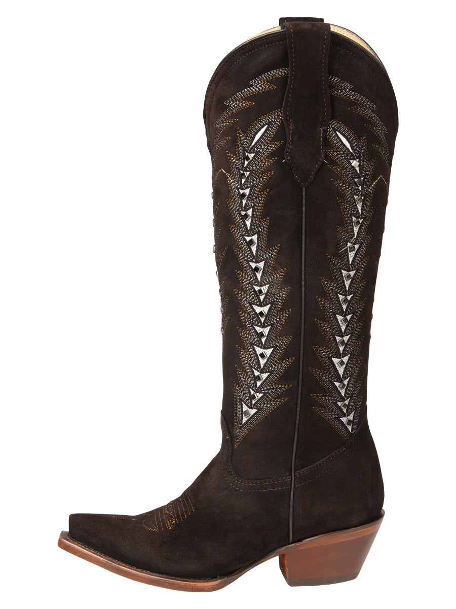 El General Women’s Embroidered Nobuck Western Boots - Dark Brown  45789