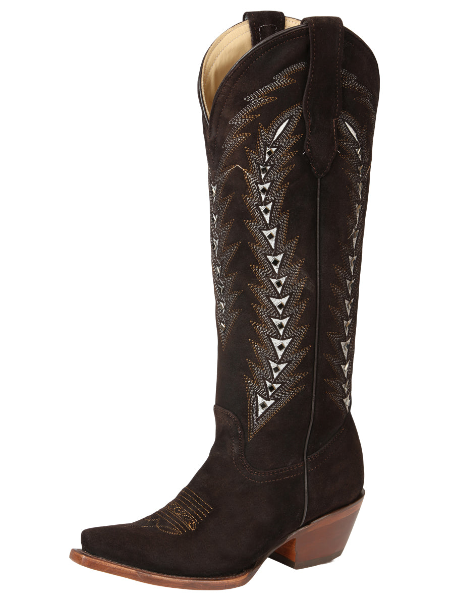 El General Women’s Embroidered Nobuck Western Boots - Dark Brown  45789