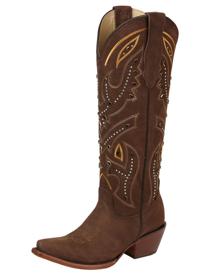 El General Women’s Embroidered Nobuck Western Boots - Brown 45792