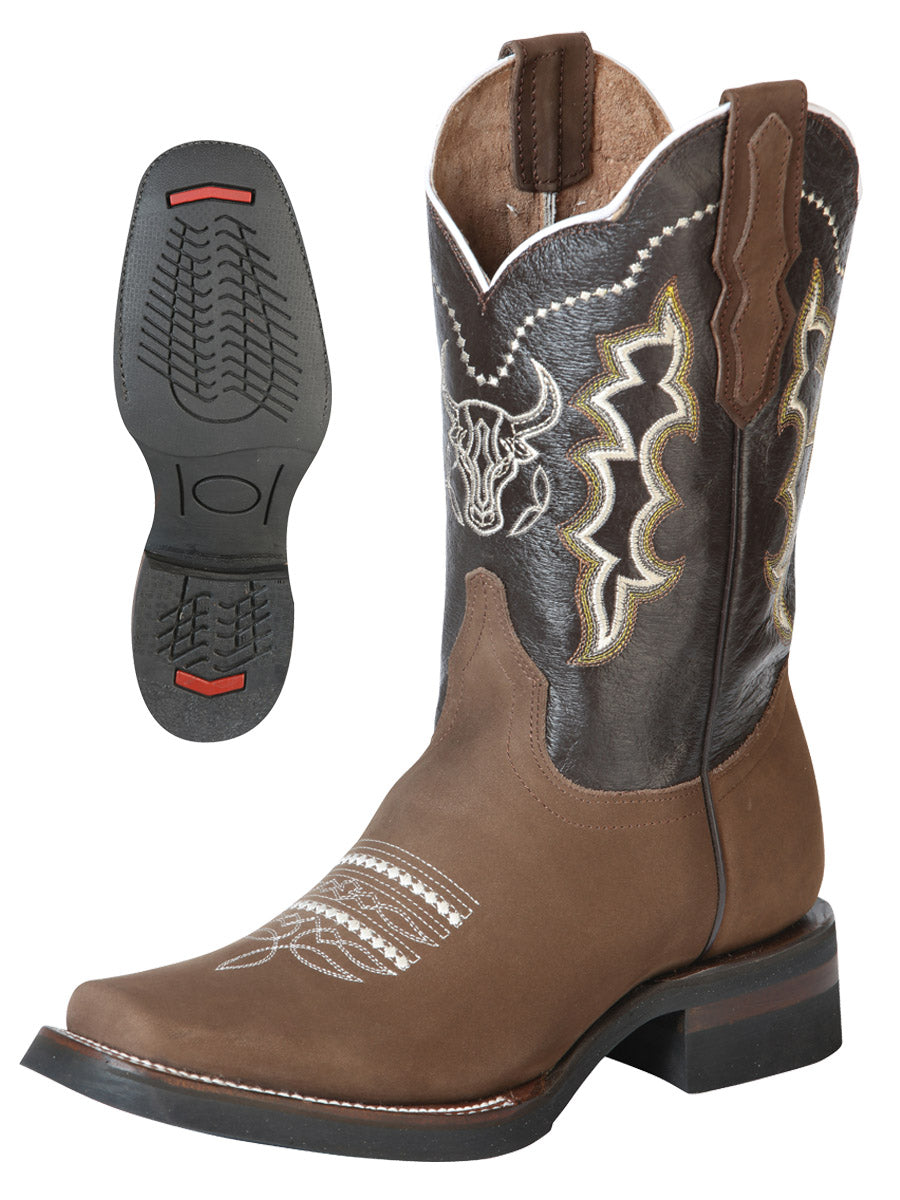 El General Mens Embroidered Bull Nobuck Rodeo Boot - Camel