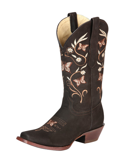 El General Womens Embroidered Butterfly Rodeo Boots Nobuck Leather - Brown 51227