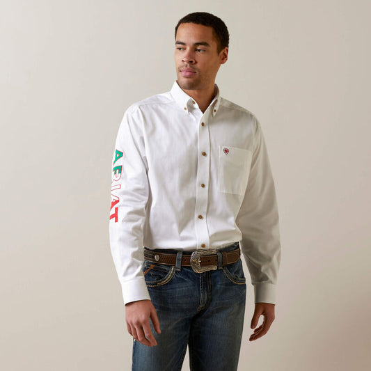 Ariat Mens Team Logo Twill Classic Long Sleeve - White/Mexico
