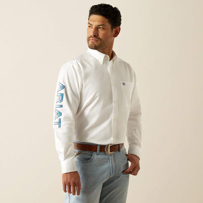Ariat Mens Team Logo Twill Classic Fit Shirt - White/Teal