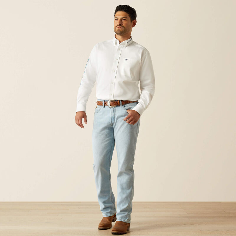 Ariat Mens Team Logo Twill Classic Fit Shirt - White/Teal