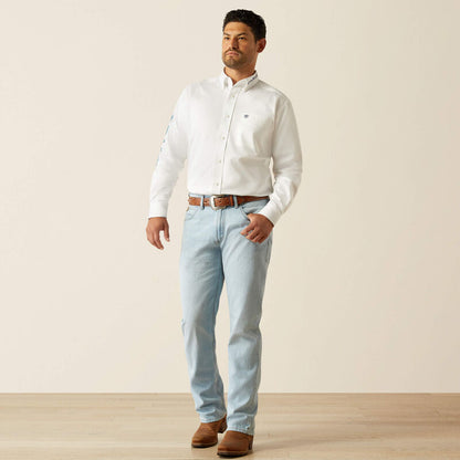 Ariat Mens Team Logo Twill Classic Fit Shirt - White/Teal
