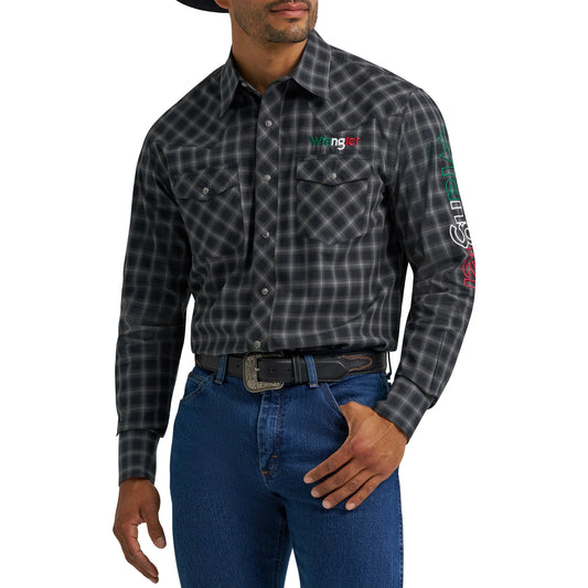 Wrangler Mens Logo Long Sleeve Plaid Shirt - Black