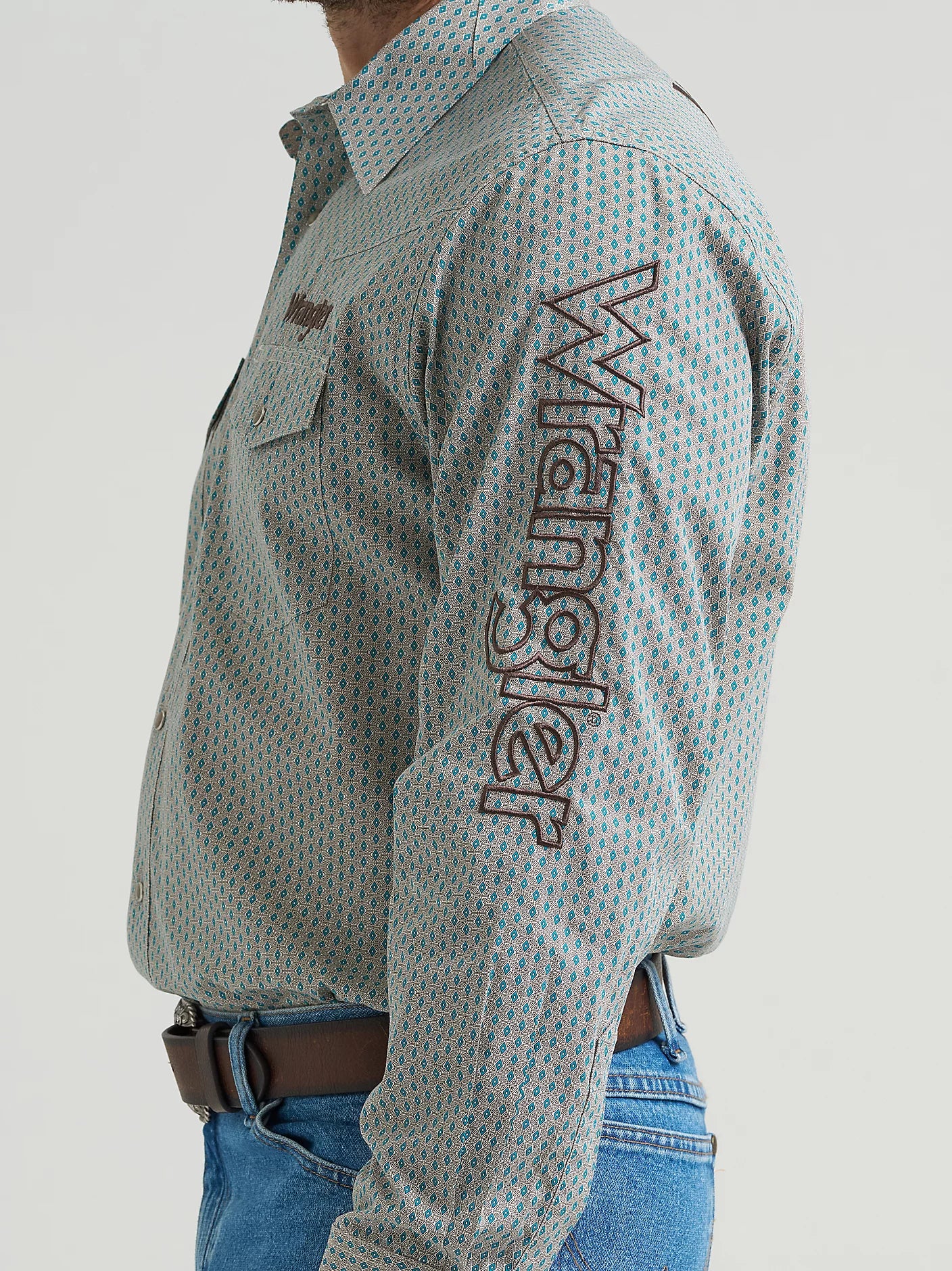 Wrangler Mens Logo Long Sleeve Snap Shirt - Peacock
