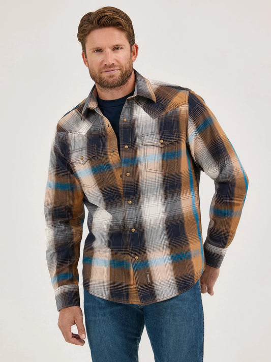Wrangler Mens Retro® Premium Long Sleeve Western Snap Plaid Shirt - Bold Brown