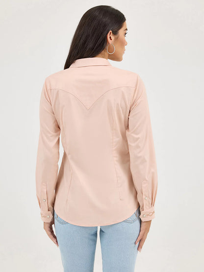 Wrangler Womens Embroidered Collar Slim Western Snap Shirt - Pink