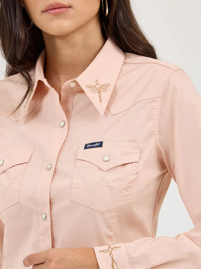 Wrangler Womens Embroidered Collar Slim Western Snap Shirt - Pink