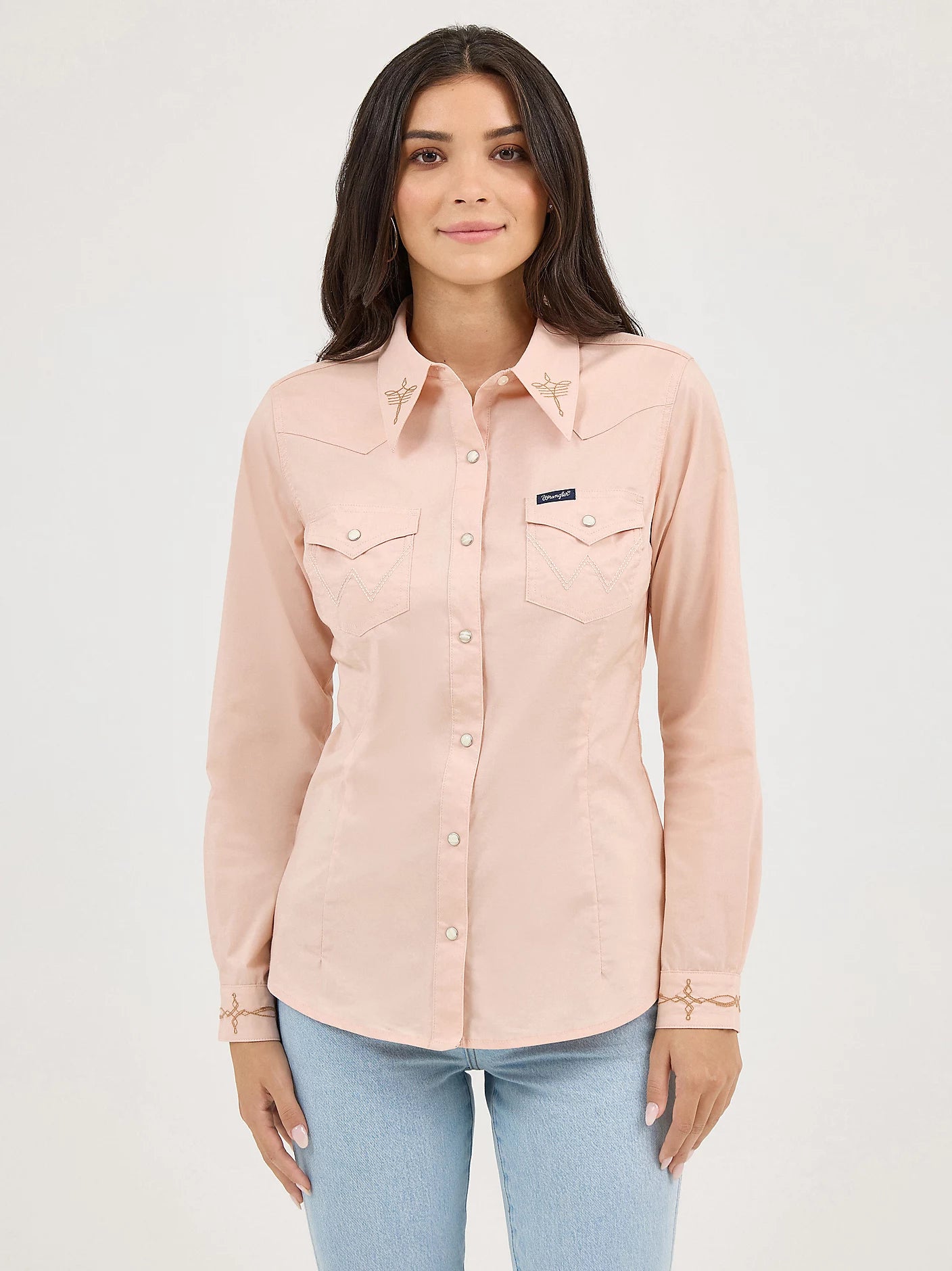 Wrangler Womens Embroidered Collar Slim Western Snap Shirt - Pink