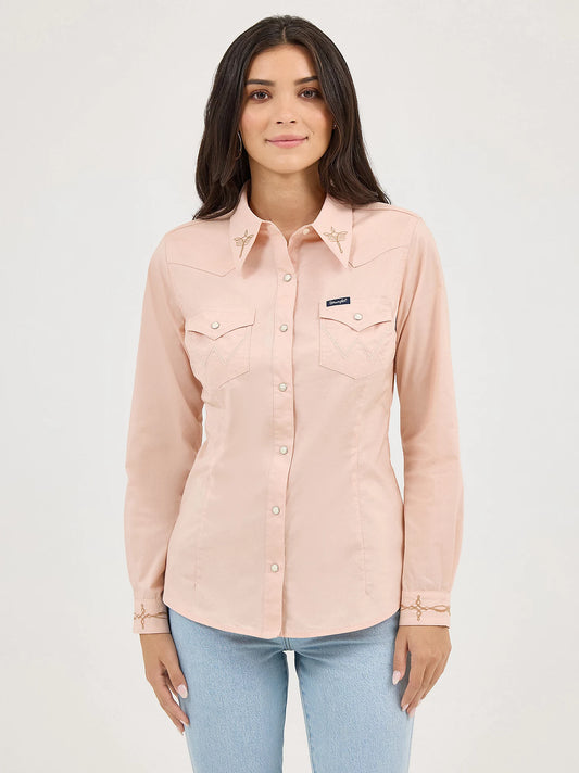 Wrangler Womens Embroidered Collar Slim Western Snap Shirt - Pink