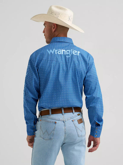 Wrangler Mens Long Sleeve Logo Shirt Square Pattern- Blue