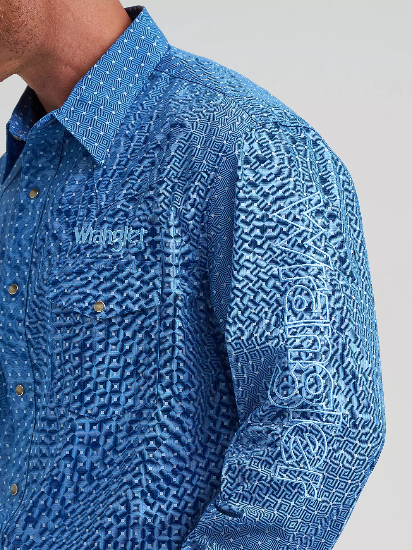 Wrangler Mens Long Sleeve Logo Shirt Square Pattern- Blue