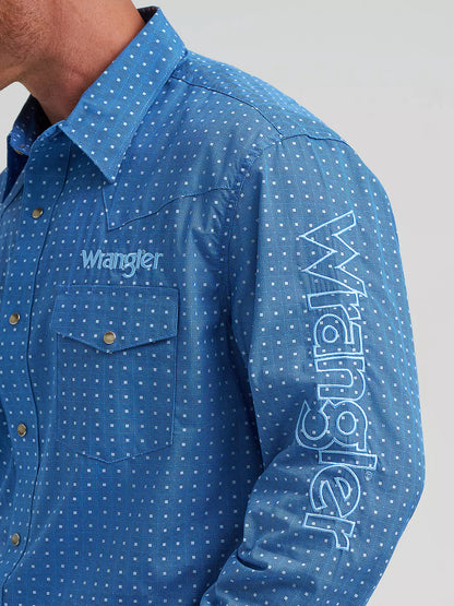 Wrangler Mens Long Sleeve Logo Shirt Square Pattern- Blue