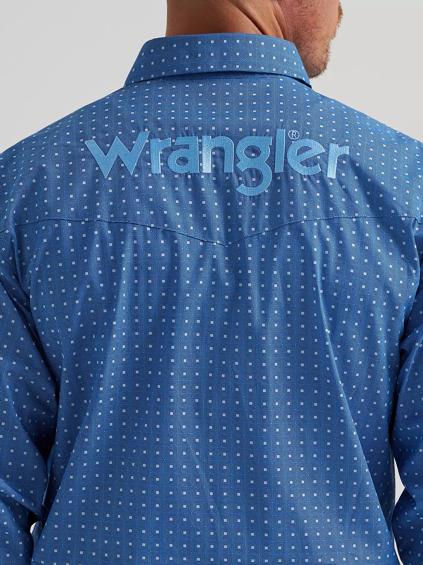 Wrangler Mens Long Sleeve Logo Shirt Square Pattern- Blue