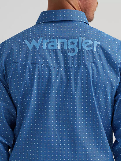 Wrangler Mens Long Sleeve Logo Shirt Square Pattern- Blue