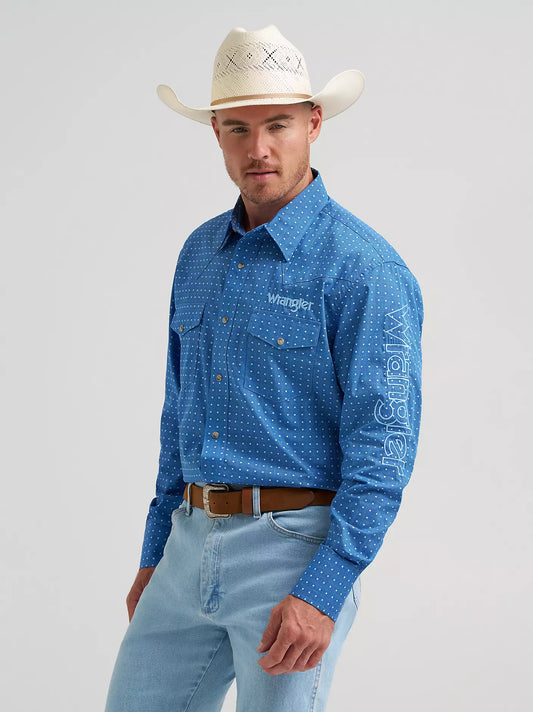 Wrangler Mens Long Sleeve Logo Shirt Square Pattern- Blue