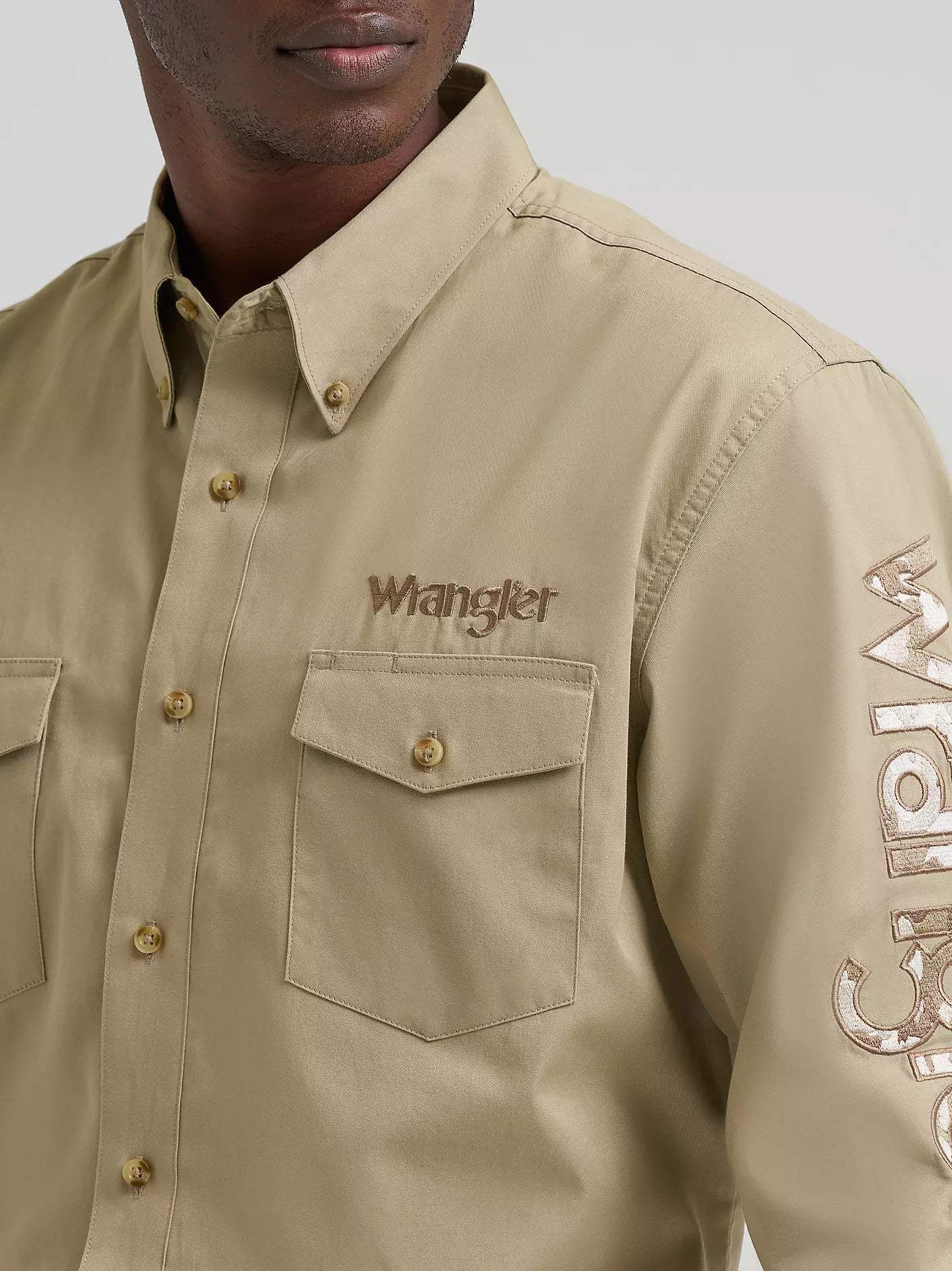 Wrangler Mens Logo Long Sleeve Solid Shirt - Khaki