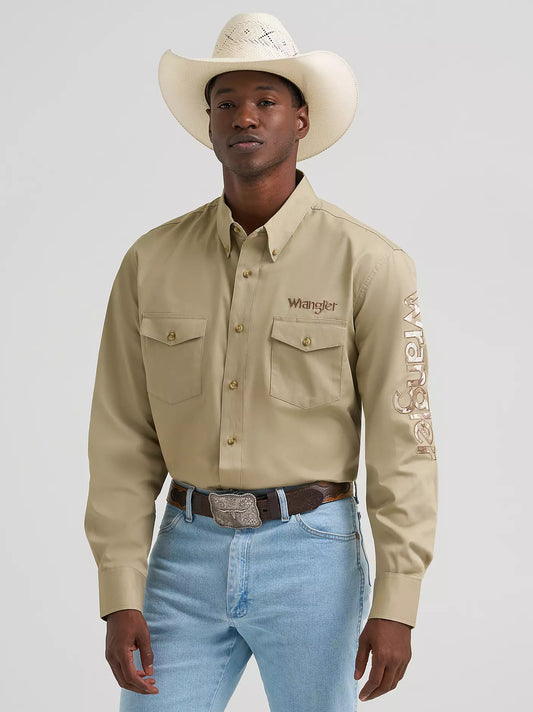 Wrangler Mens Logo Long Sleeve Solid Shirt - Khaki