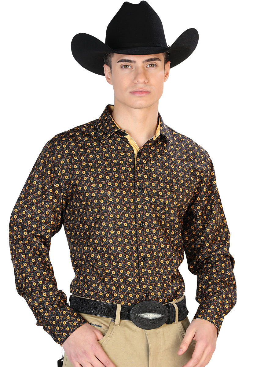 El General Mens Sunflower Print Casual Long Sleeve Western Cowboy Shirt - Black And Brown