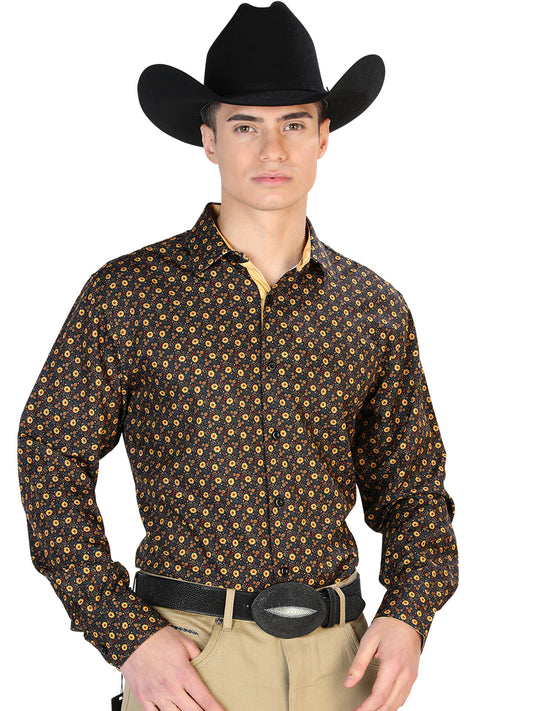 El General Mens Sunflower Print Casual Long Sleeve Western Cowboy Shirt - Black And Brown