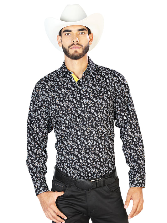 El General Mens Daisy Print Casual Long Sleeve Shirt (Black)