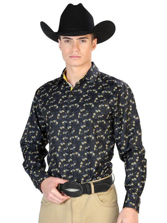 El General Mens Flower Print Casual Long Sleeve Shirt (Black)