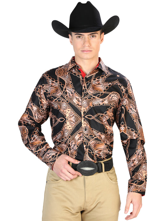 El General Mens Gold Pattern Casual Long Sleeve Shirt (Black/Brown)