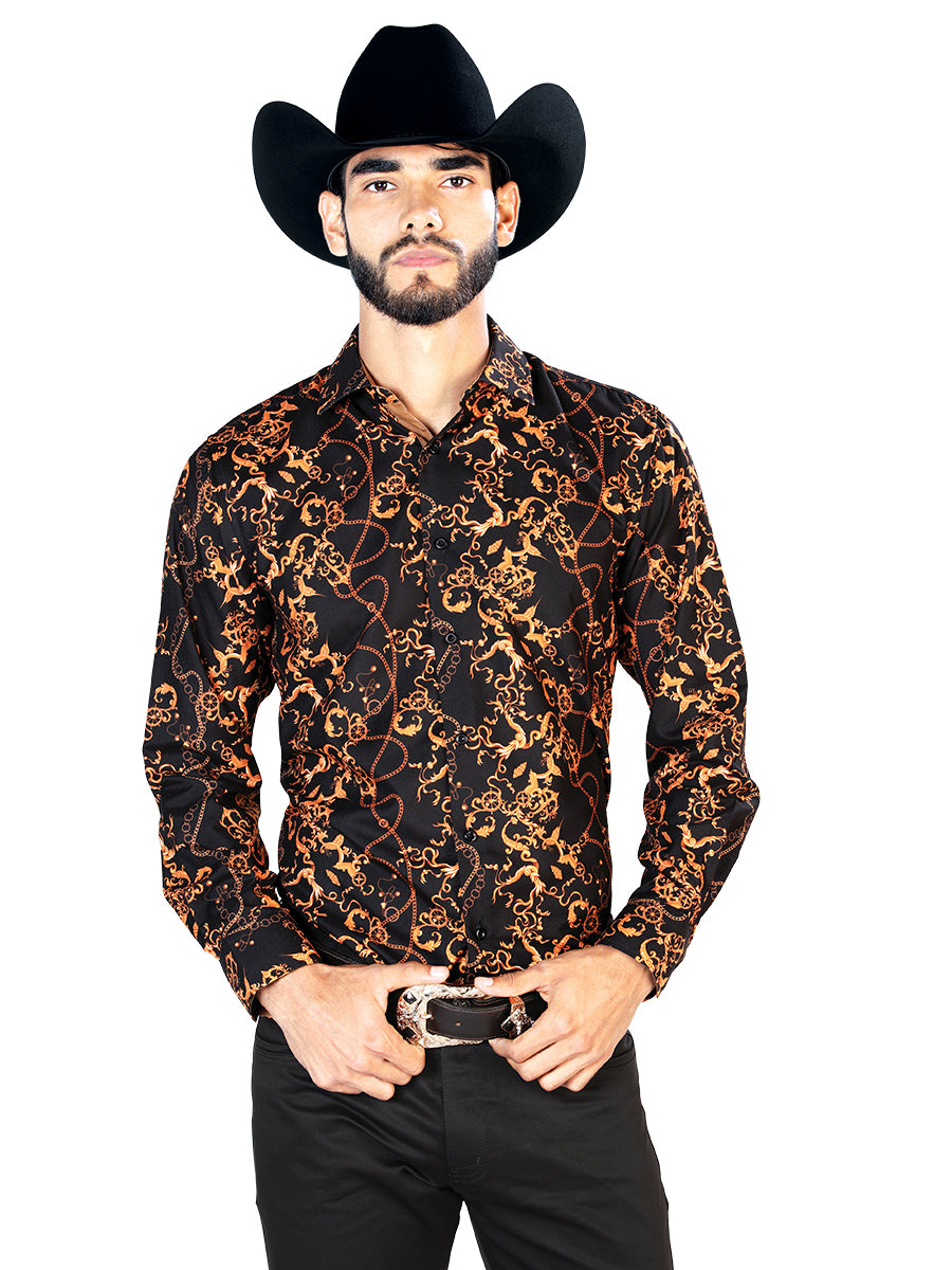 El General Mens Gold Print Casual Long Sleeve Shirt (Black)
