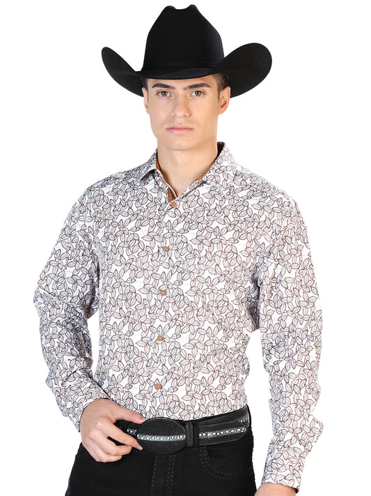 El Genera Mens Leaf Print Casual Long Sleeve Shirt (White)l