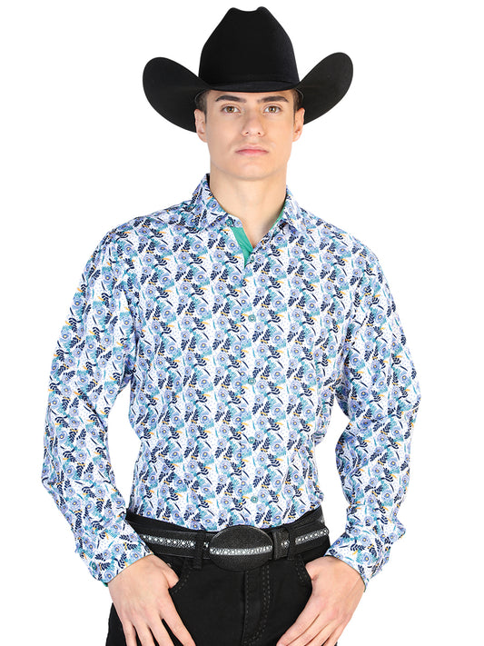 El General Mens Flower Print  Casual Long Sleeve Shirt (Blue/White)