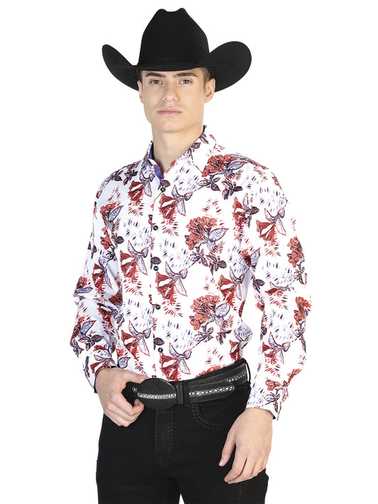 El General Mens Flower Print Casual Long Sleeve Shirt (White)