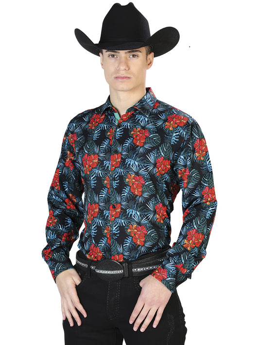 El General Mens Red Hibiscus Flower Casual Long Sleeve Shirt (Black)