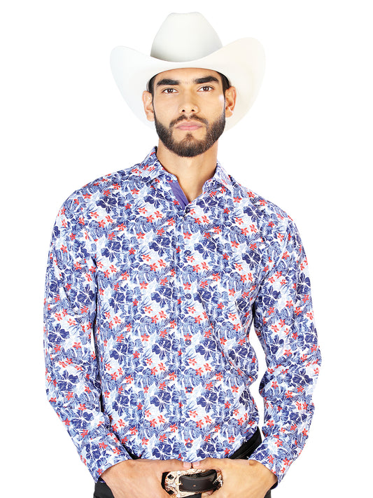 El Genral Mens Floral Print Casual Long Sleeve Shirt (Blue)