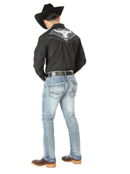 El Señor de los Cielos Mens Bull Embroidery Shirt - Black/white
