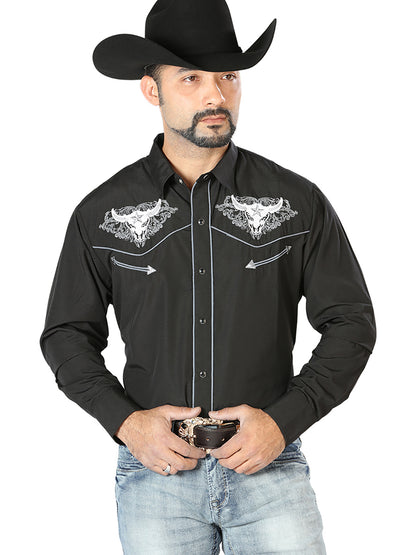 El Señor de los Cielos Mens Bull Embroidery Shirt - Black/white