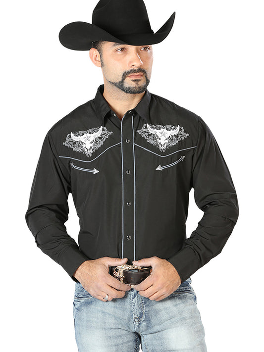 El Señor de los Cielos Mens Bull Embroidery Shirt - Black/white