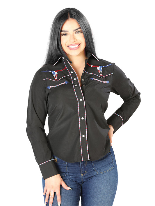 Senor de Los Cielos Womens US Bull Embroidered Western-style Shirt - Black
