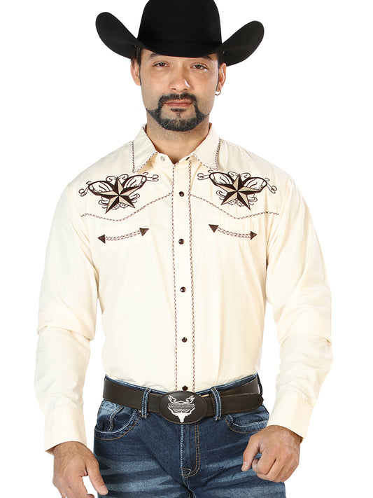 El General Mens Embroidery Western Shirt - Beige/Black